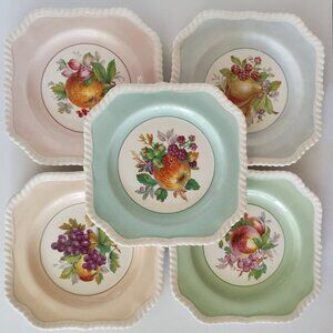 Johnson Bros Fruit Plates Vintage Set of 5 Pastels Square Rope Trim California
